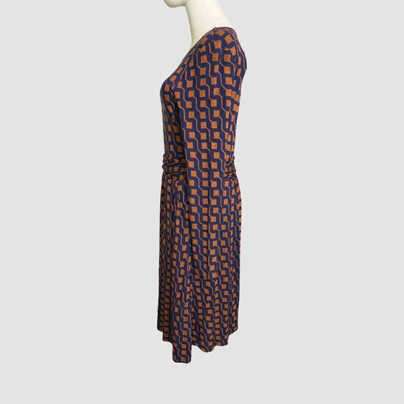 Boden Geometric Print Long Sleeve Midi Dress Blue Rust US 6R Pockets NWT - Picture 5 of 10